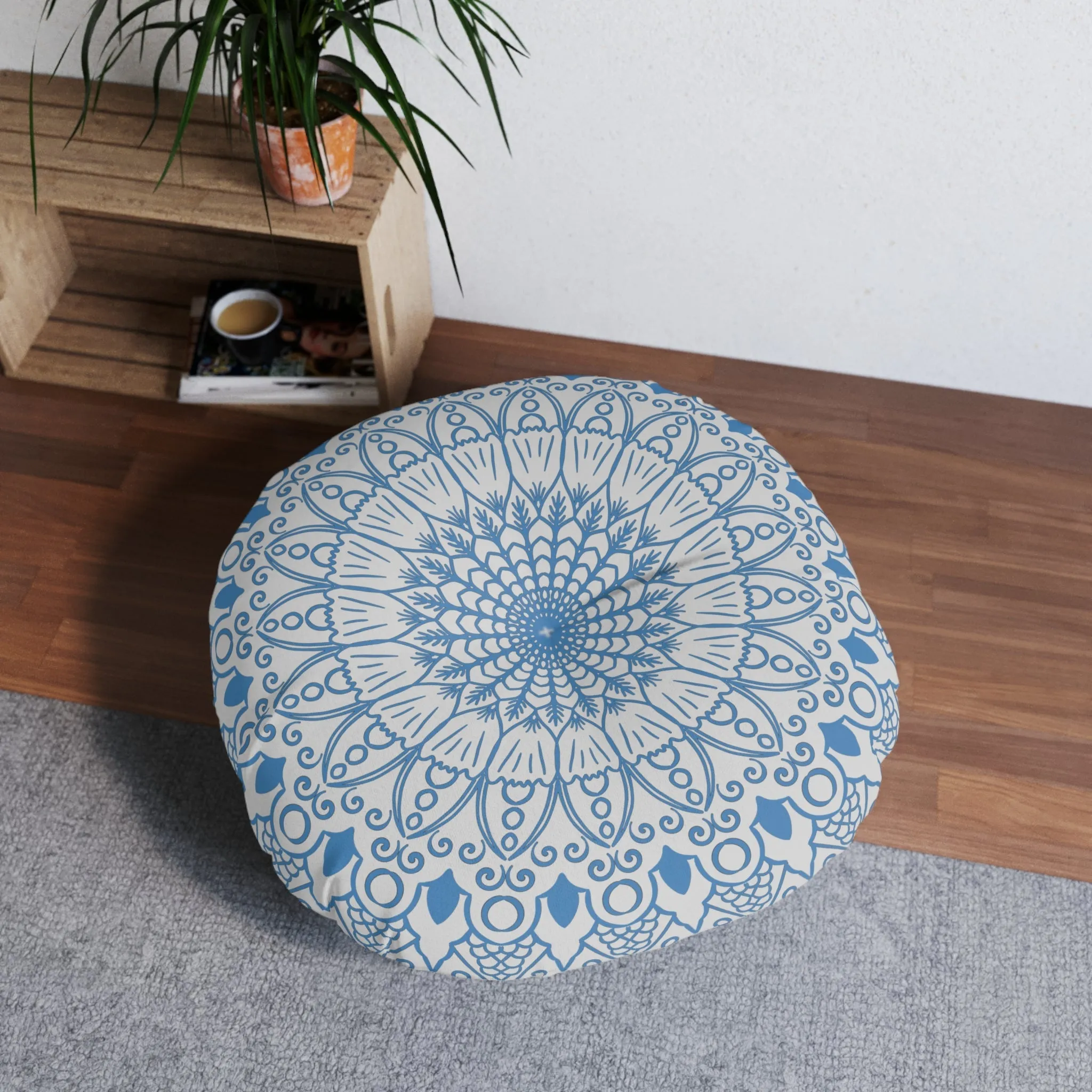 Handmade Mandala Art Floor Cushion - Steel Blue on Light Grey - Tufted
