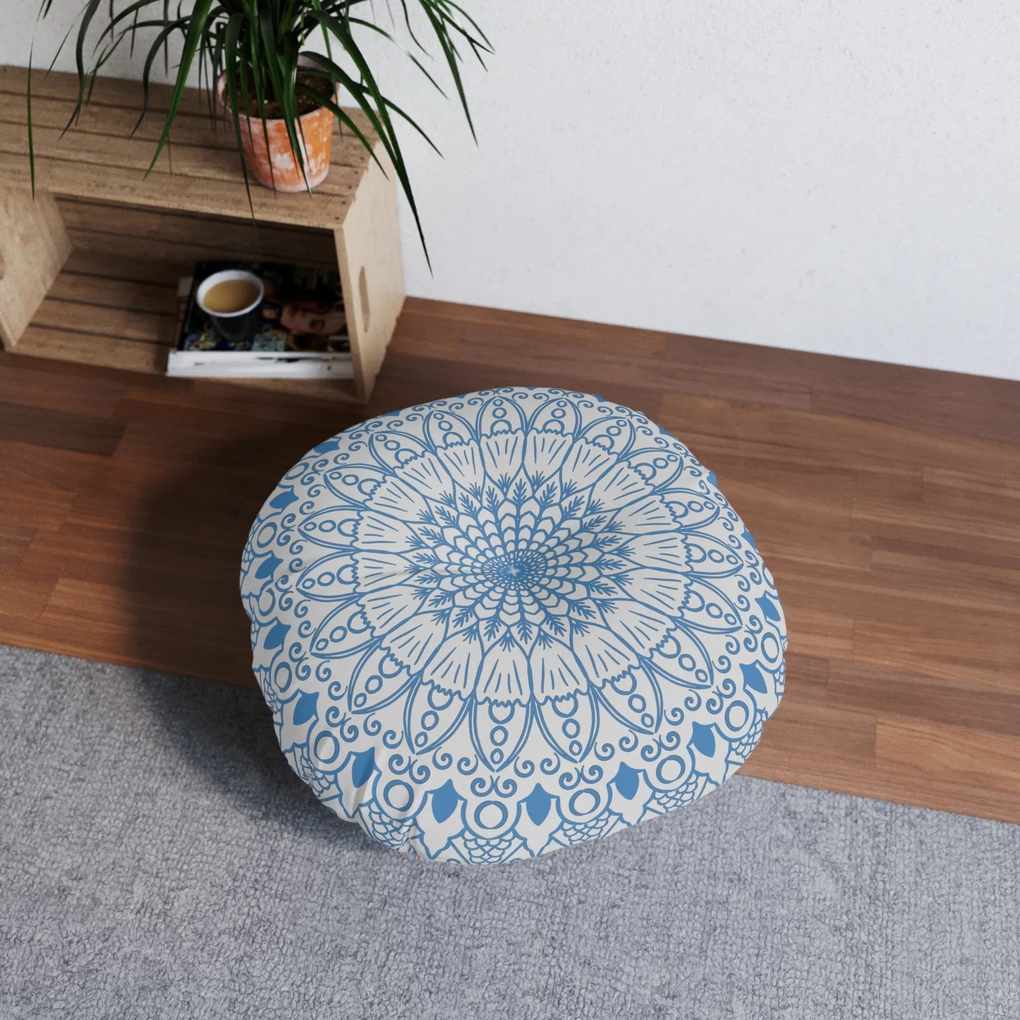 Handmade Mandala Art Floor Cushion - Steel Blue on Light Grey - Tufted