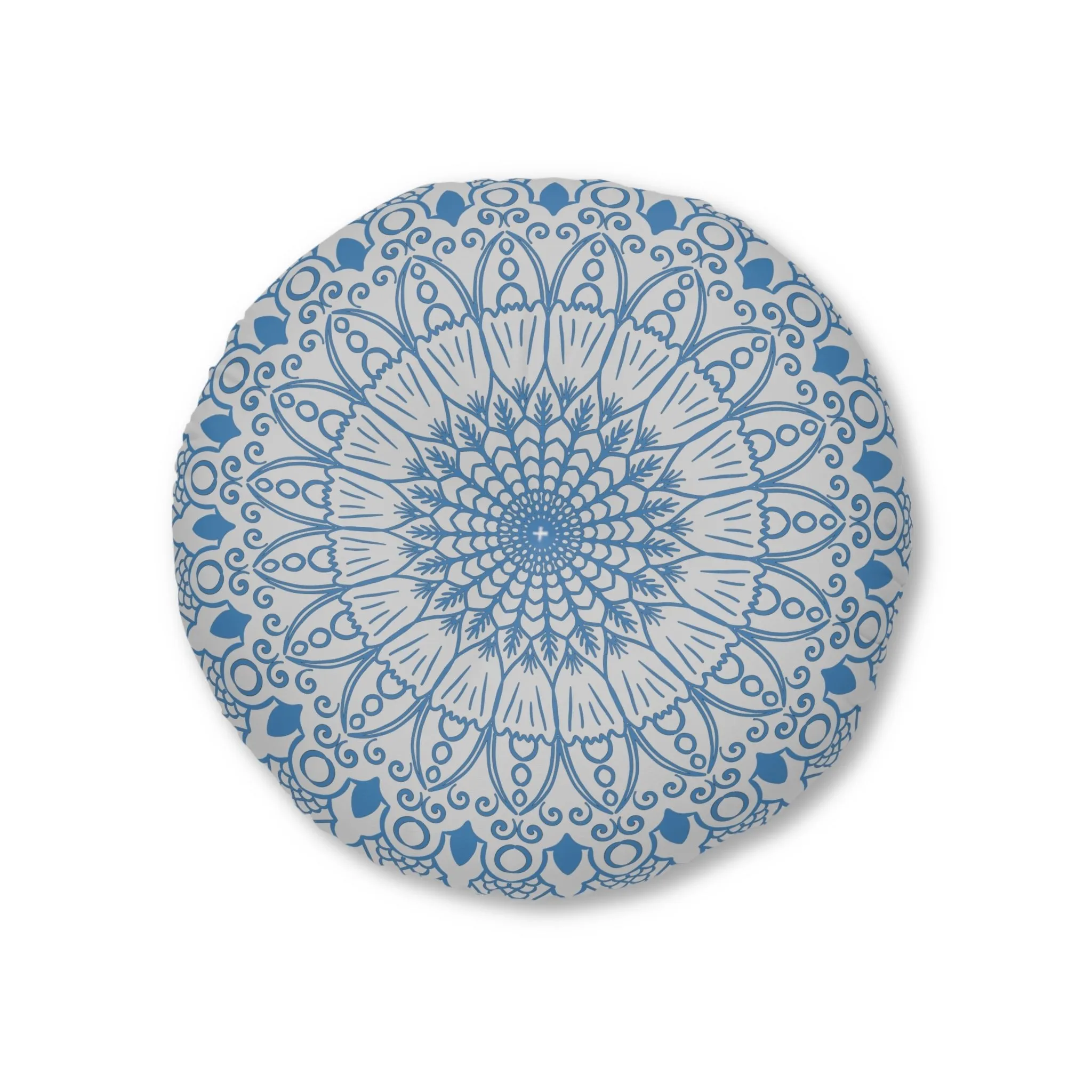 Handmade Mandala Art Floor Cushion - Steel Blue on Light Grey - Tufted