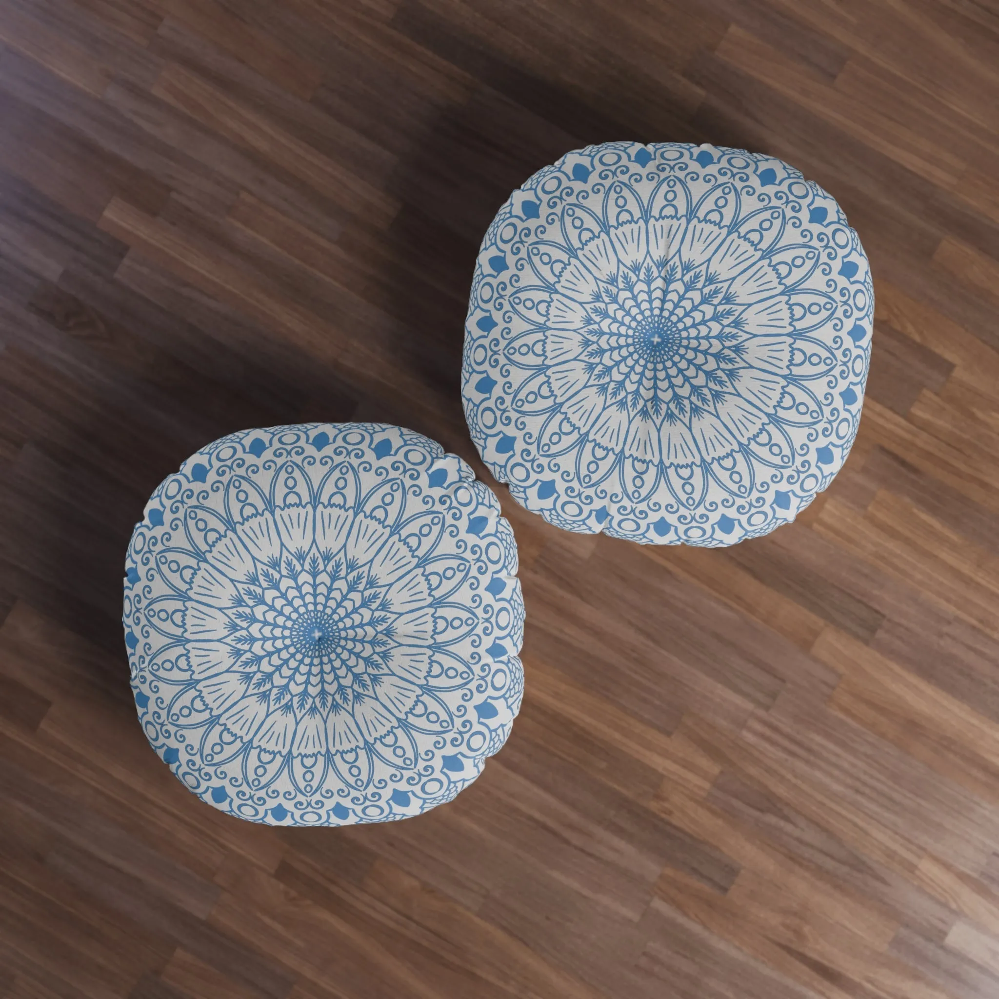 Handmade Mandala Art Floor Cushion - Steel Blue on Light Grey - Tufted