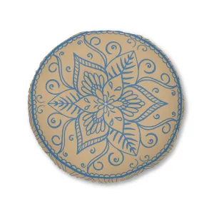 Handmade Mandala Art Floor Cushion - Steel Blue on Tan - Round Pillow