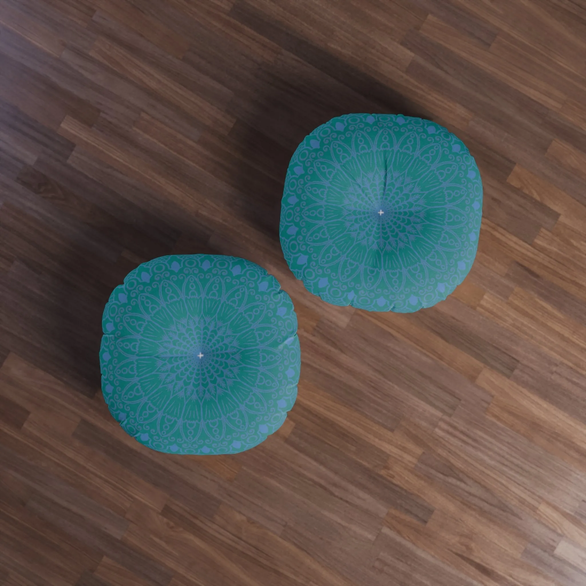 Handmade Mandala Art Floor Cushion - Steel Blue on Teal - Round