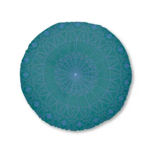 Handmade Mandala Art Floor Cushion - Steel Blue on Teal - Round