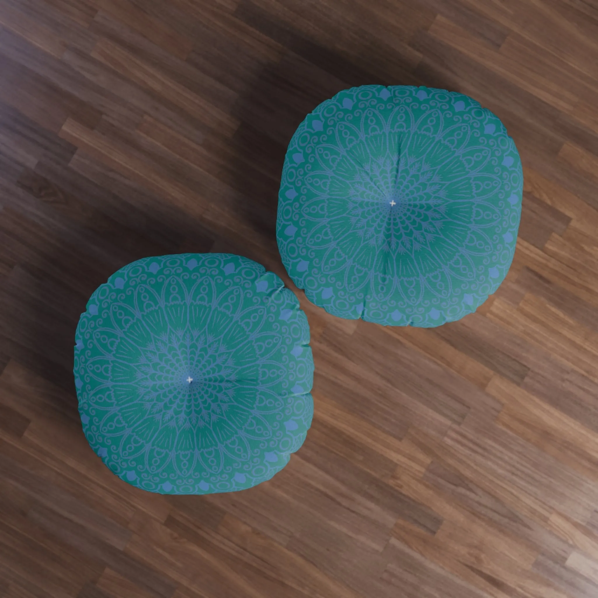Handmade Mandala Art Floor Cushion - Steel Blue on Teal - Round