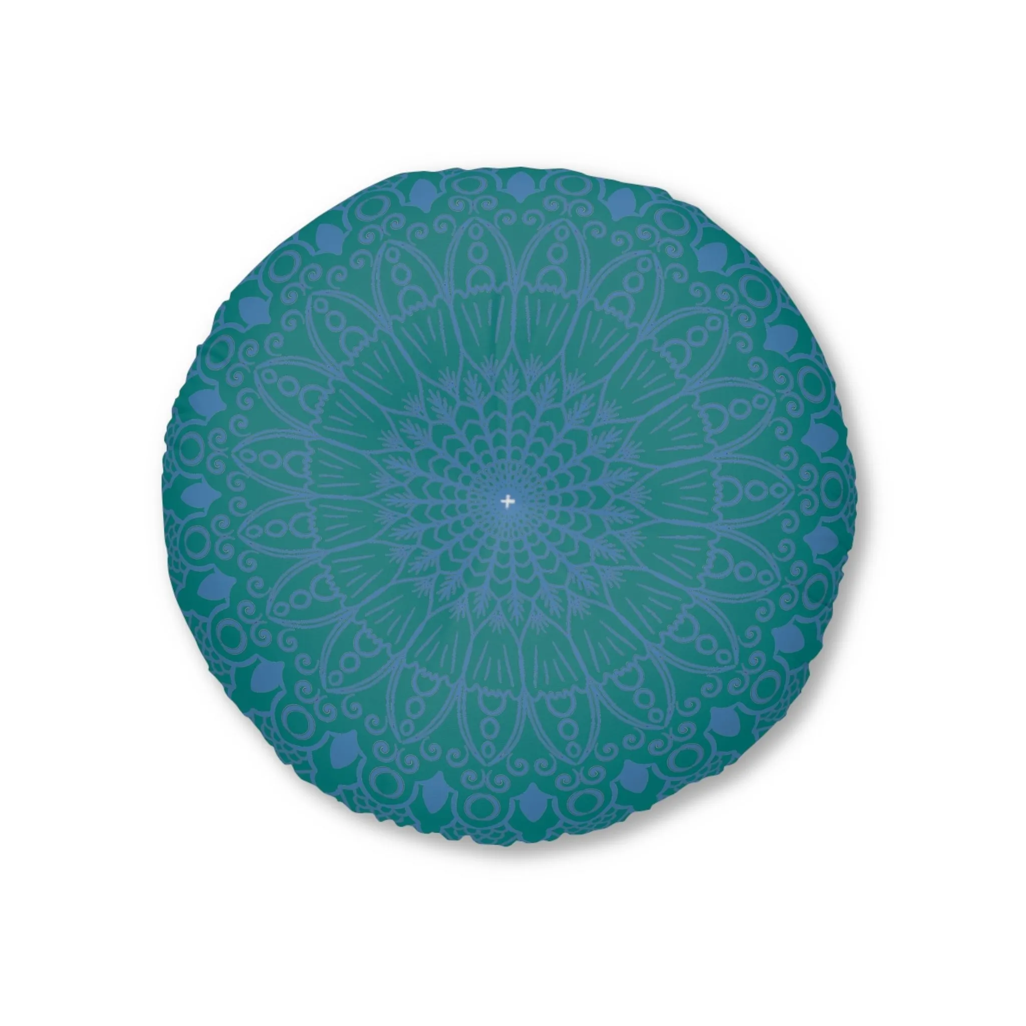 Handmade Mandala Art Floor Cushion - Steel Blue on Teal - Round