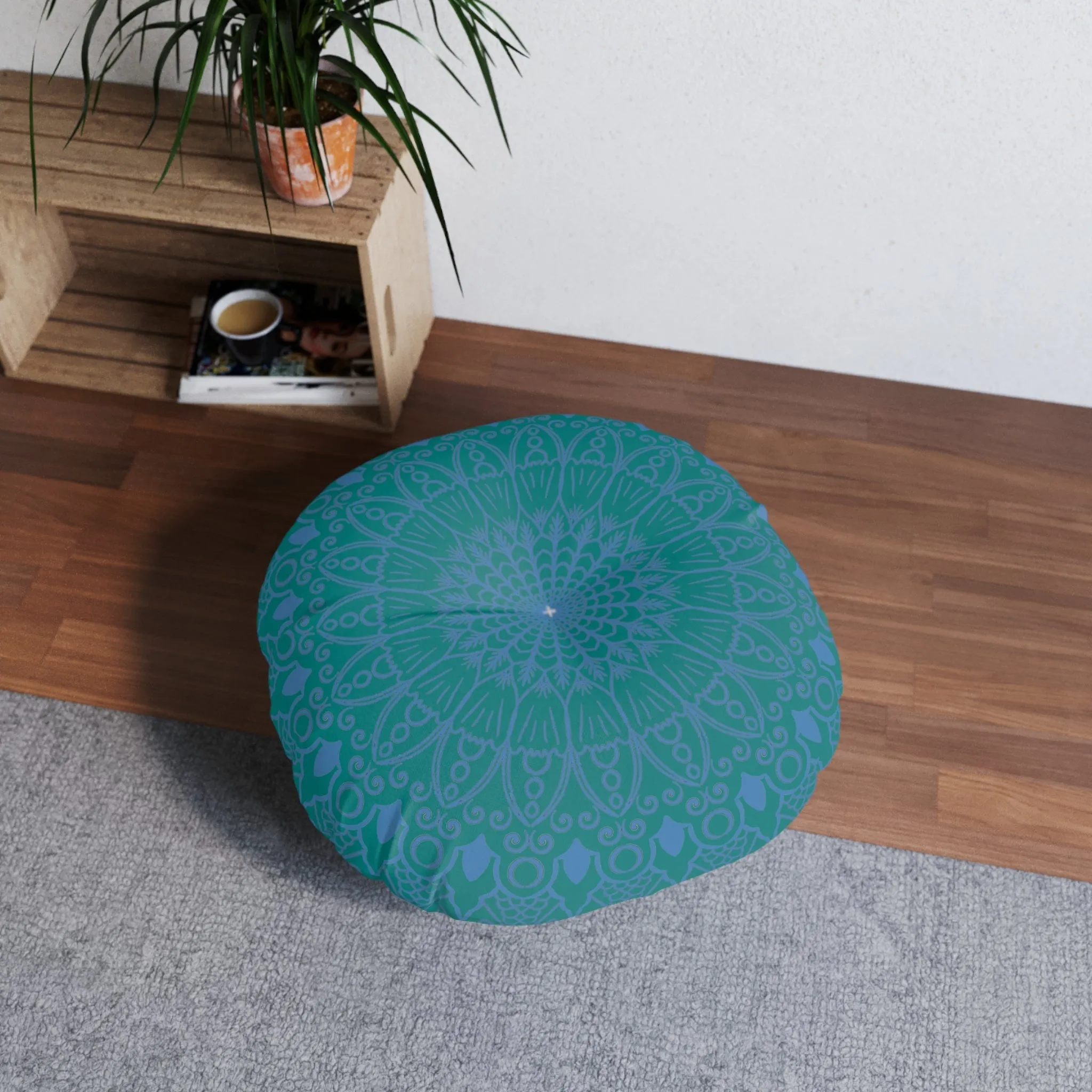 Handmade Mandala Art Floor Cushion - Steel Blue on Teal - Round