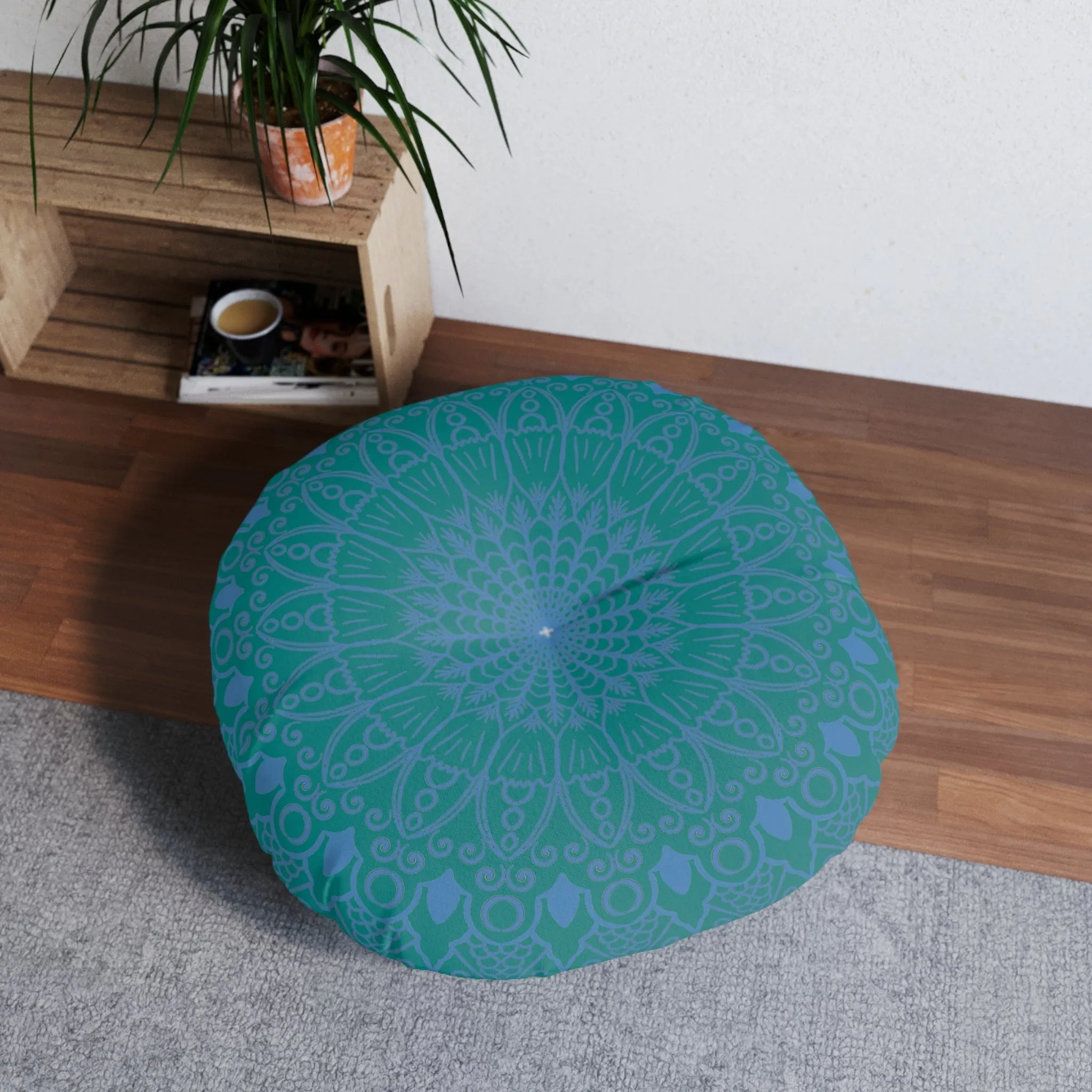 Handmade Mandala Art Floor Cushion - Steel Blue on Teal - Round