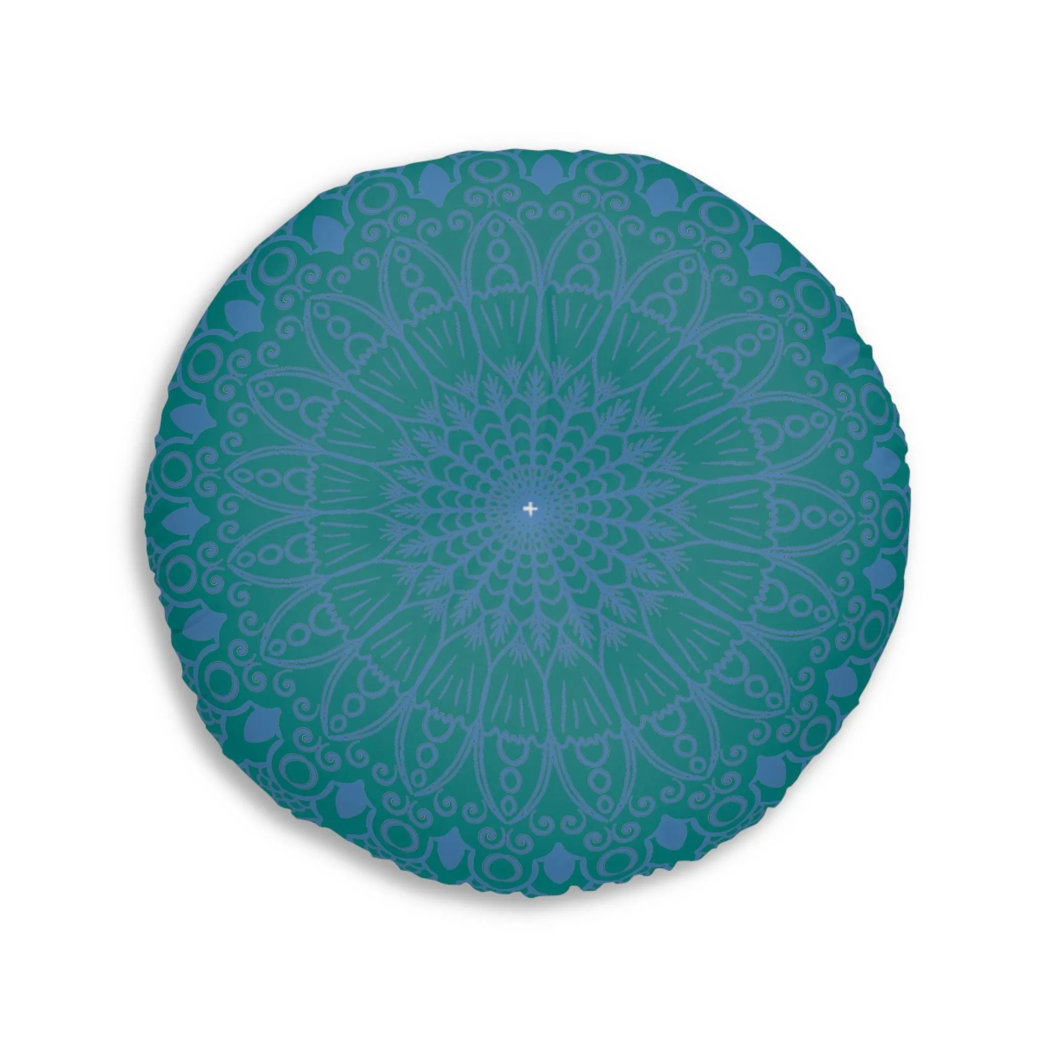 Handmade Mandala Art Floor Cushion - Steel Blue on Teal - Round