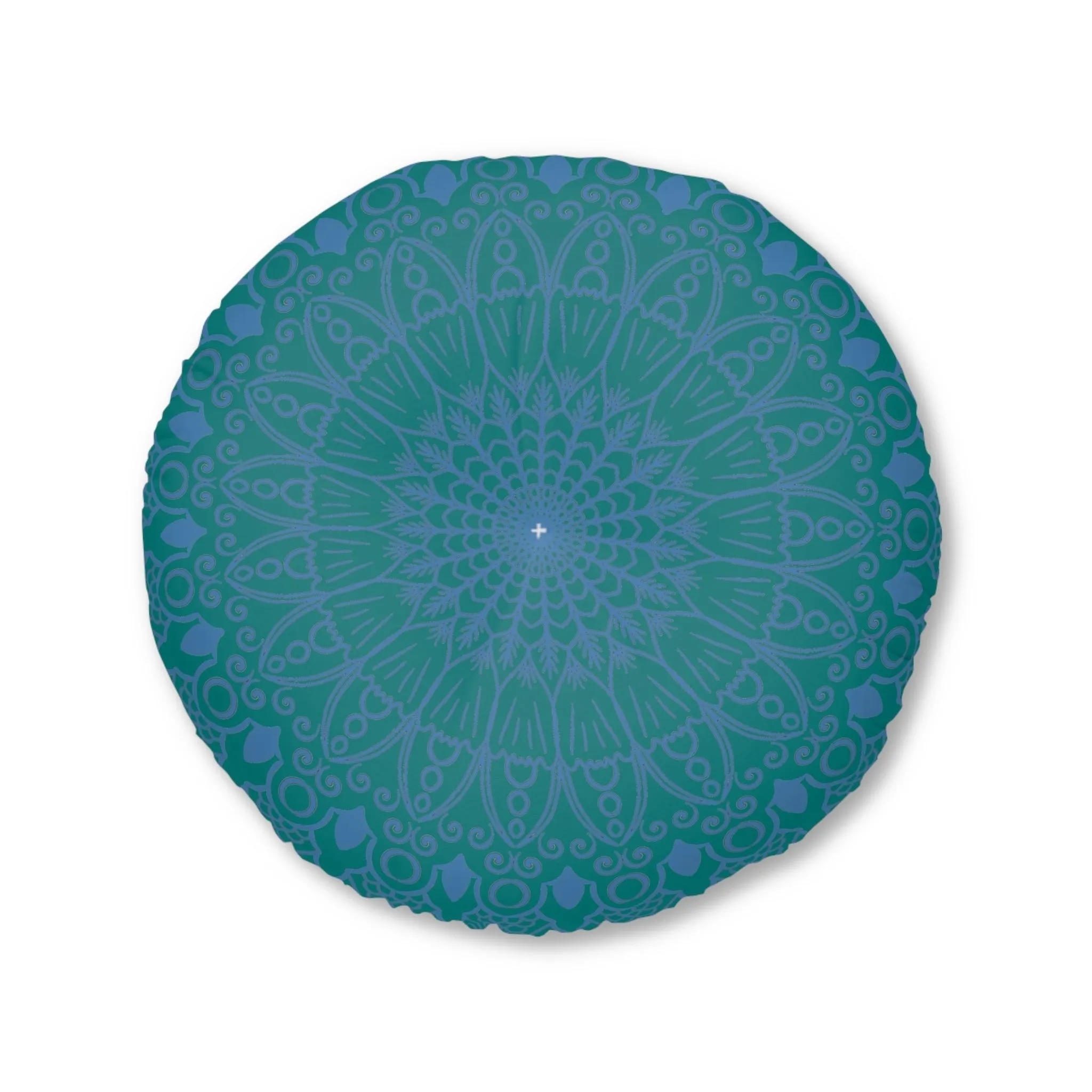 Handmade Mandala Art Floor Cushion - Steel Blue on Teal - Round