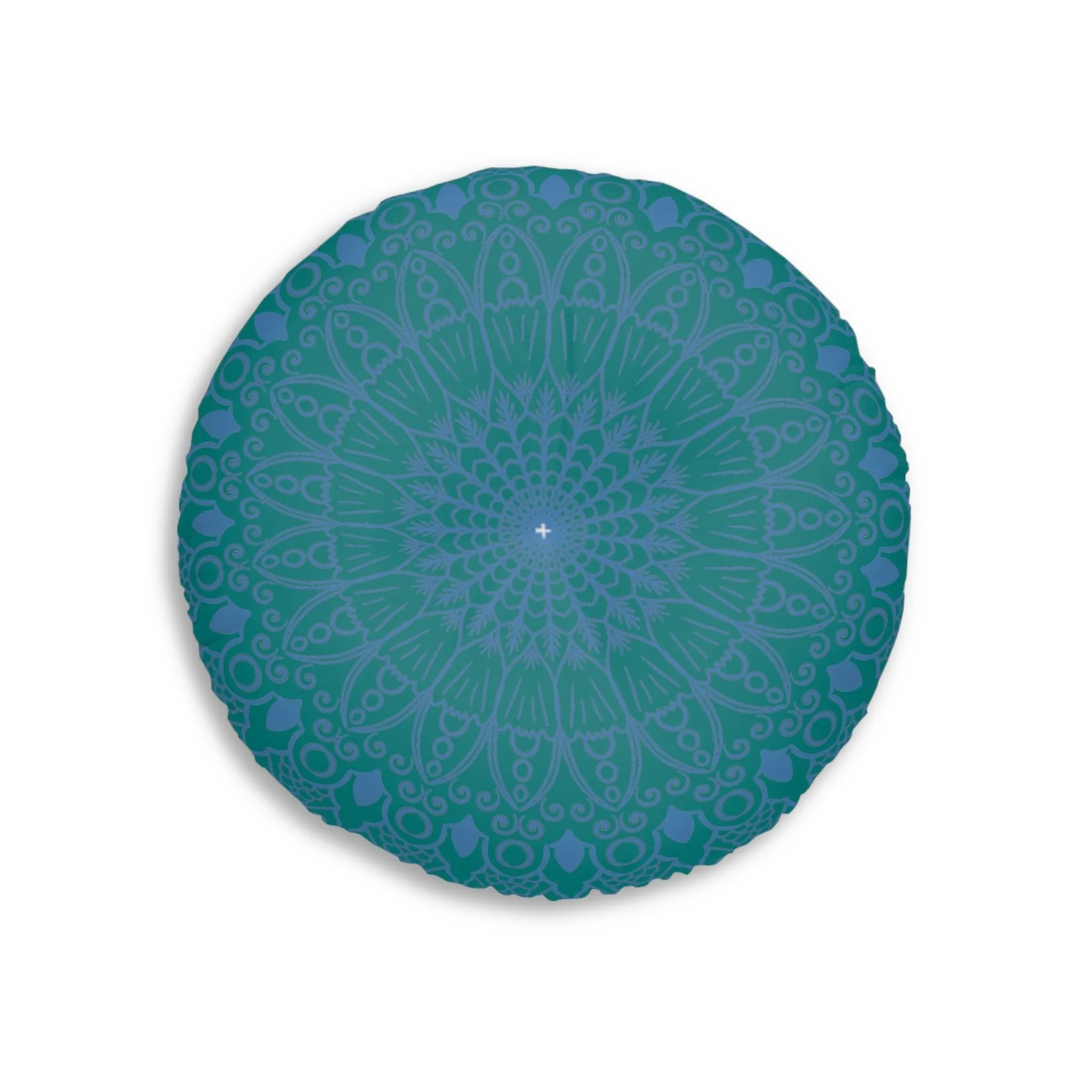 Handmade Mandala Art Floor Cushion - Steel Blue on Teal - Round