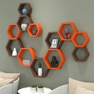 Hexagonal Shape Wooden Floating Wall Shelves Set of 12