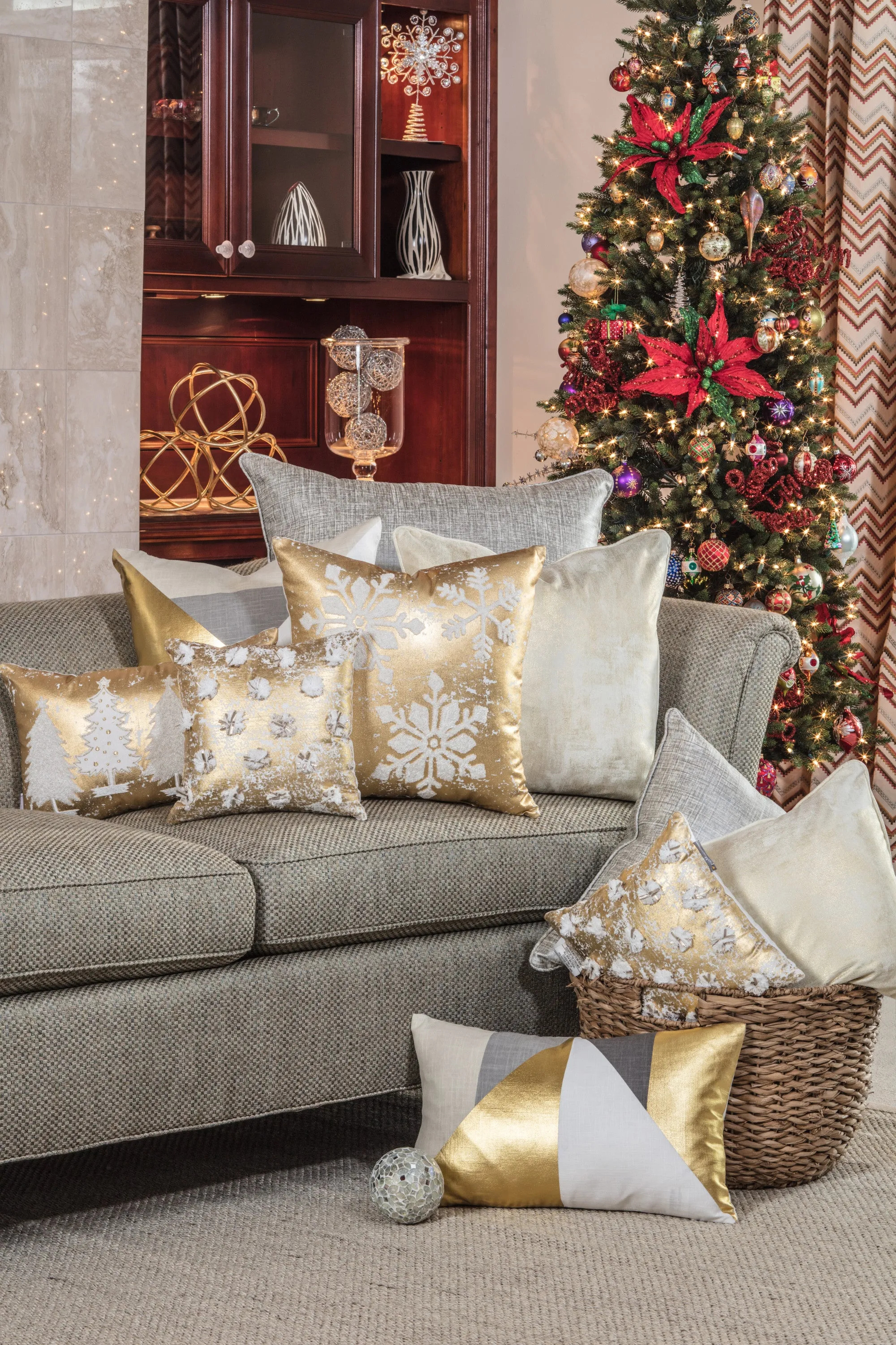Indoor Christmas Glamour Poms 12-inch Throw Pillow