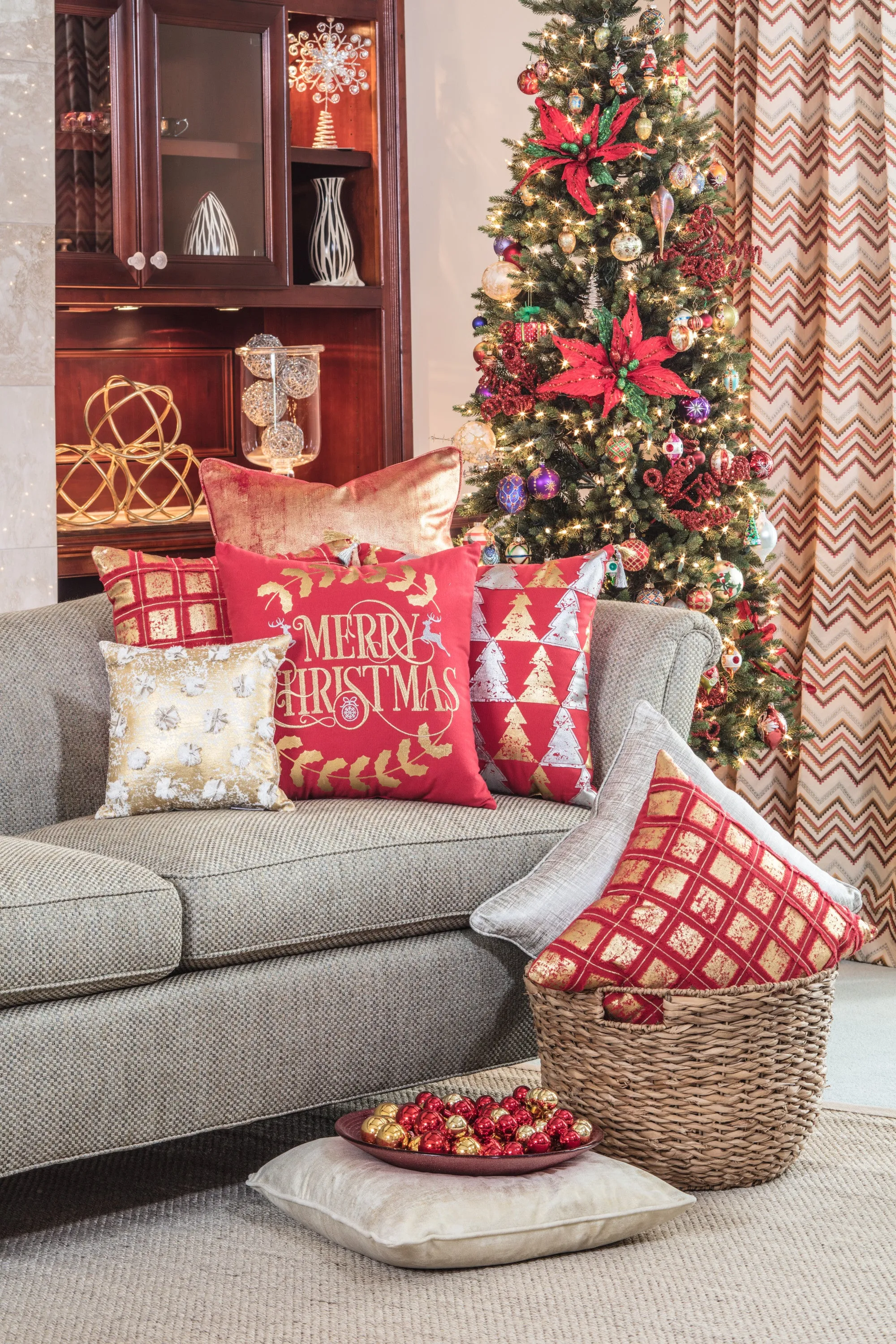 Indoor Christmas Glamour Poms 12-inch Throw Pillow