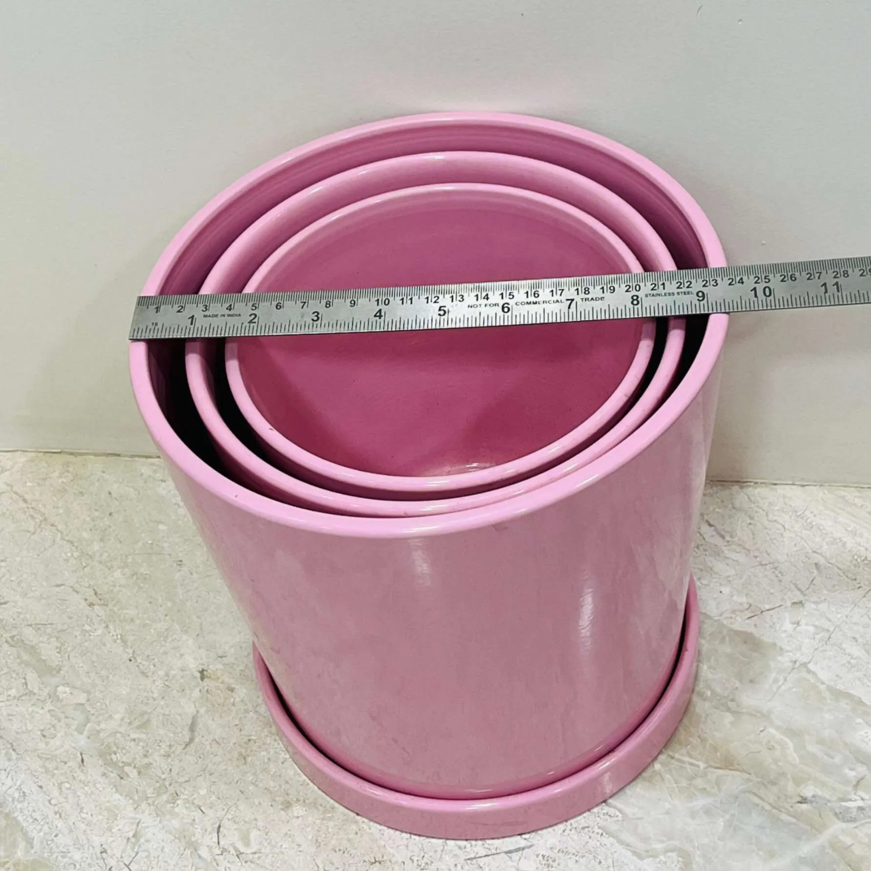 Indoor Pink Ceramic Planter with Trays (Set Of 3)