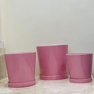 Indoor Pink Ceramic Planter with Trays (Set Of 3)
