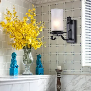 Industrial Frosted Glass Cylinder Bathroom Sconce Light Fixture - Black Wall Lamp
