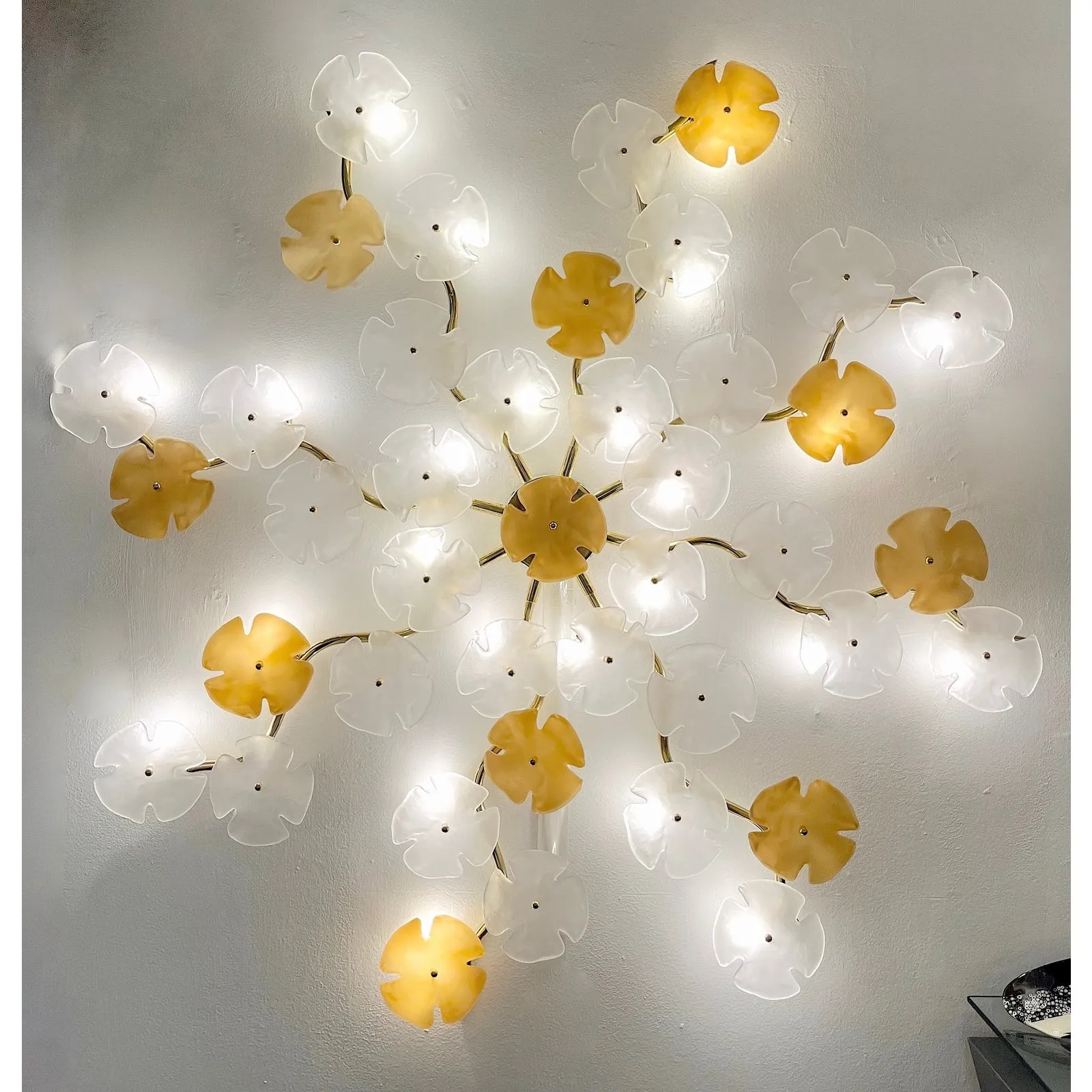 Italian Modern Satin White Gold Art Murano Glass Flower Sconce/Flush Mount Light
