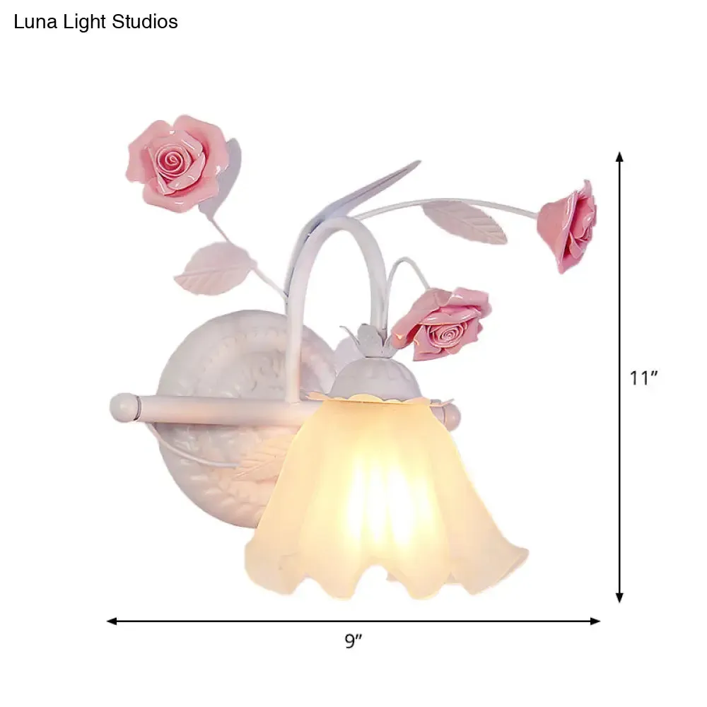 Korean Flower Ruffle Wall Lamp - 1-Light Frosted White Glass Sconce in Pink