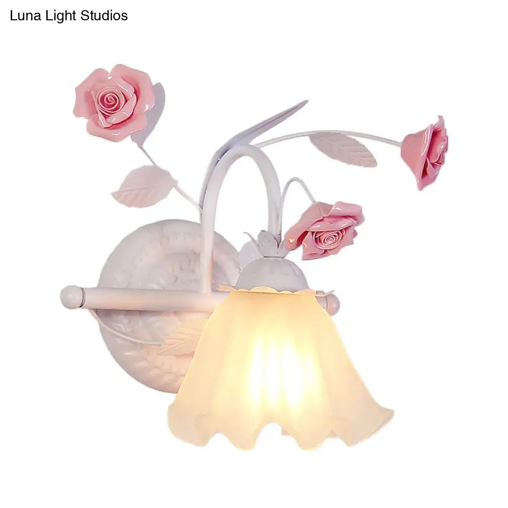Korean Flower Ruffle Wall Lamp - 1-Light Frosted White Glass Sconce in Pink