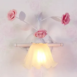 Korean Flower Ruffle Wall Lamp - 1-Light Frosted White Glass Sconce in Pink