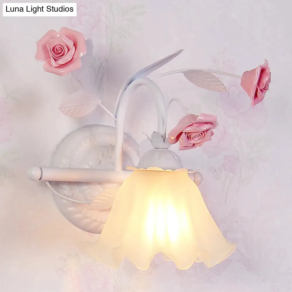 Korean Flower Ruffle Wall Lamp - 1-Light Frosted White Glass Sconce in Pink