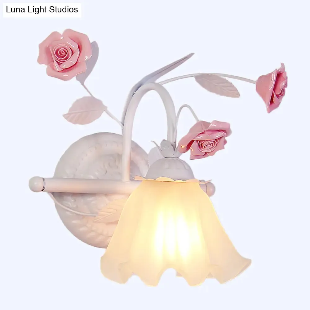 Korean Flower Ruffle Wall Lamp - 1-Light Frosted White Glass Sconce in Pink