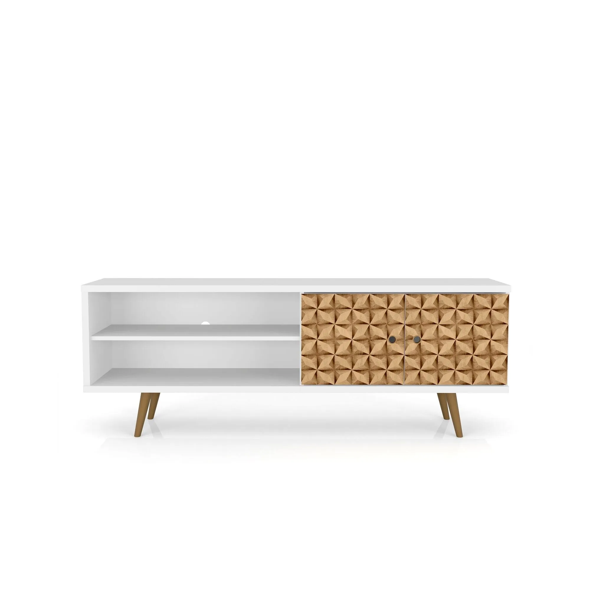 Liberty 62.99" Mid-Century - Modern TV Stand with 3 Shelves and 2 Doors in White and 3D Brown Prints