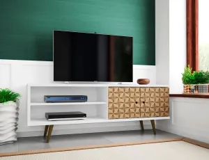 Liberty 62.99" Mid-Century - Modern TV Stand with 3 Shelves and 2 Doors in White and 3D Brown Prints