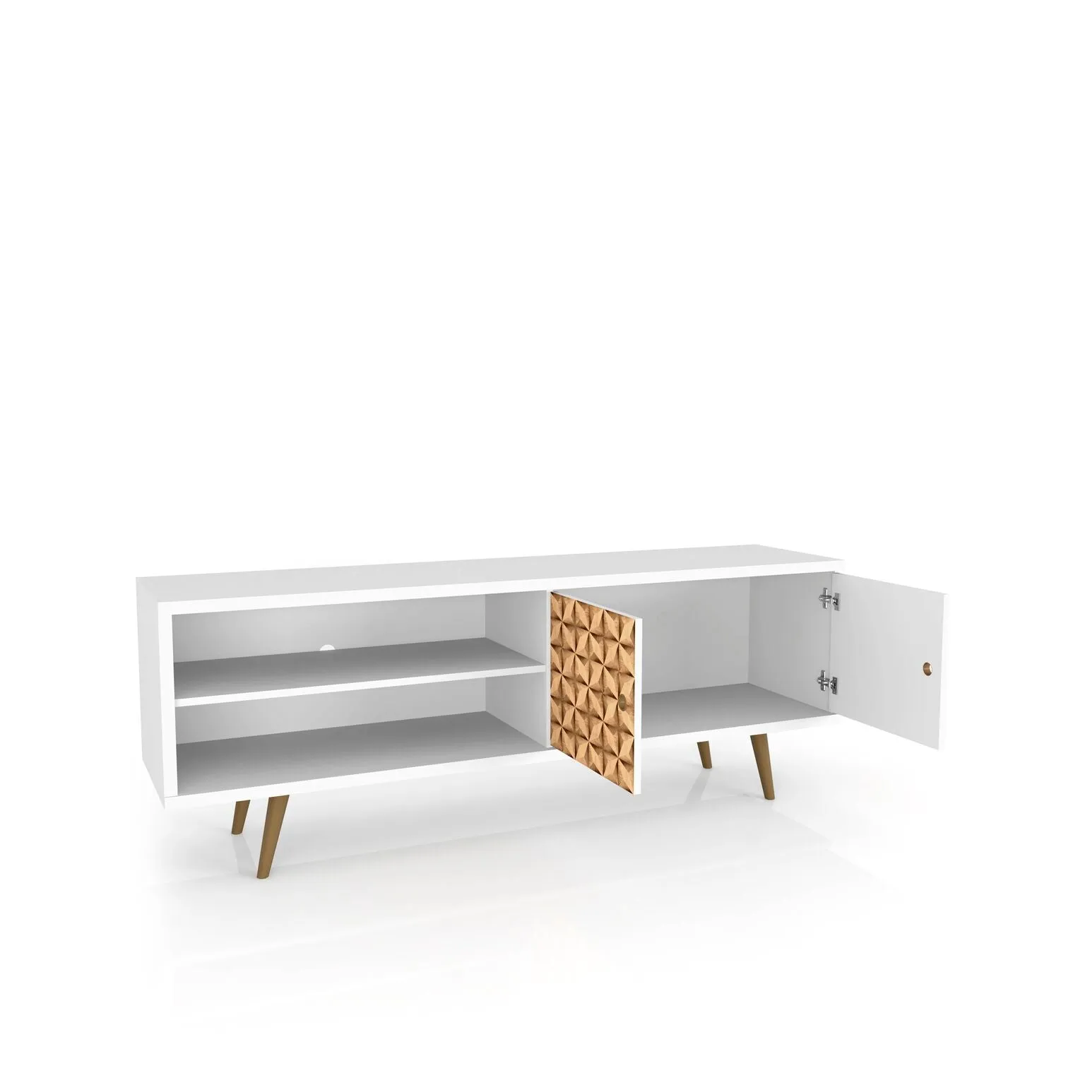 Liberty 62.99" Mid-Century - Modern TV Stand with 3 Shelves and 2 Doors in White and 3D Brown Prints