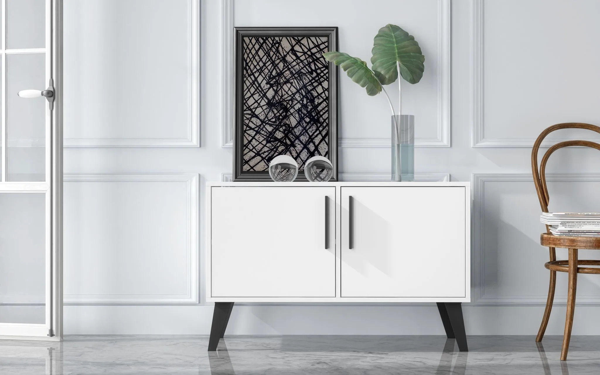 Mid-Century- Modern Amsterdam Double Side Table 2.0 with 3 Shelves in White