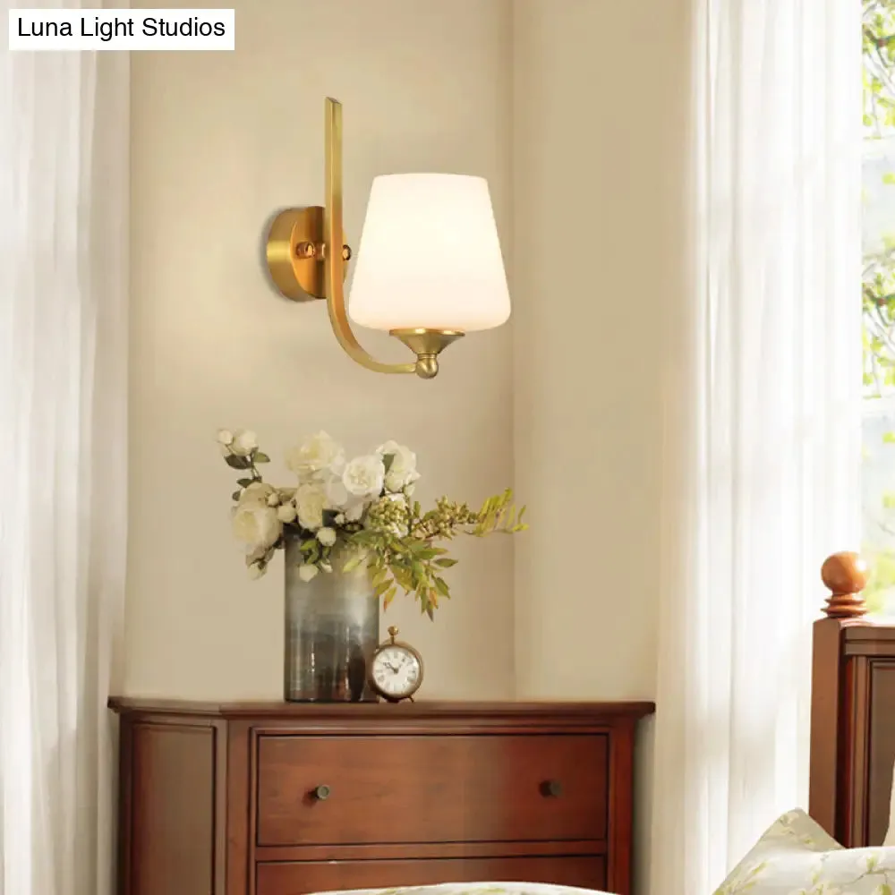 Modern Brass Wall Lamp with Tapered Milk Glass Shade - Stylish 1-Bulb Sconce Lighting for Bedroom