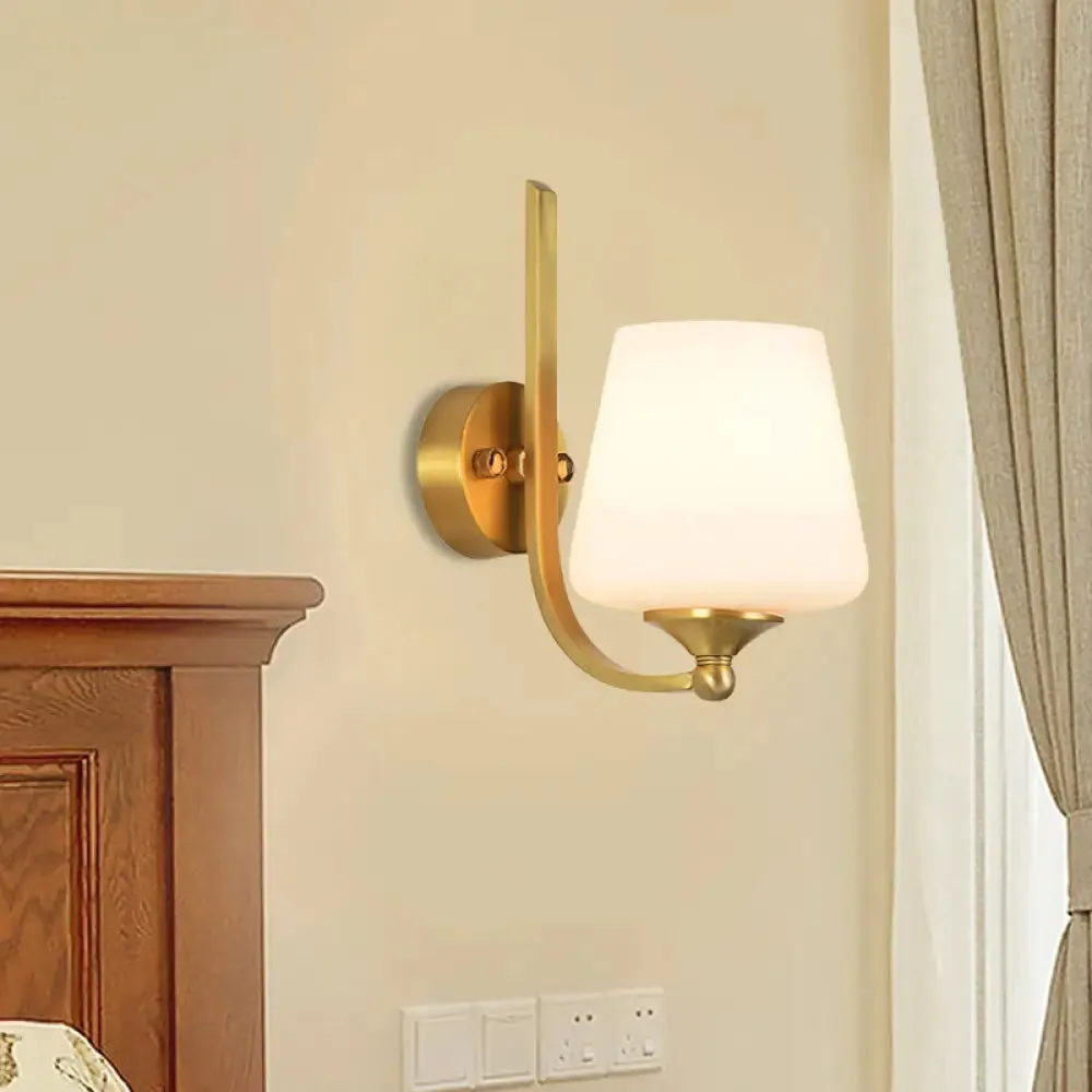 Modern Brass Wall Lamp with Tapered Milk Glass Shade - Stylish 1-Bulb Sconce Lighting for Bedroom