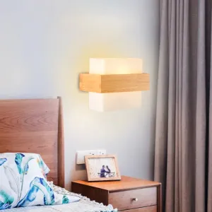 Modern White Glass Rectangle Sconce with Wooden Accents - Single-Bulb Wall Light Fixture