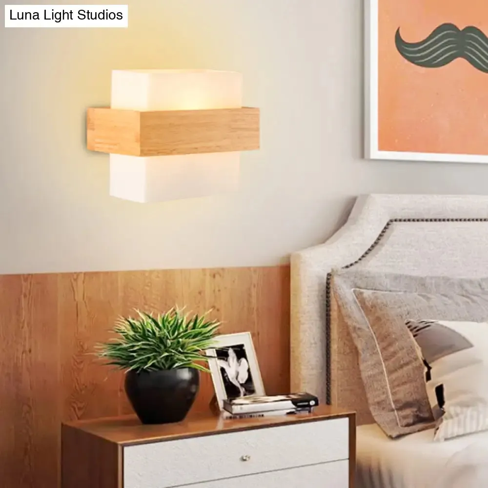 Modern White Glass Rectangle Sconce with Wooden Accents - Single-Bulb Wall Light Fixture