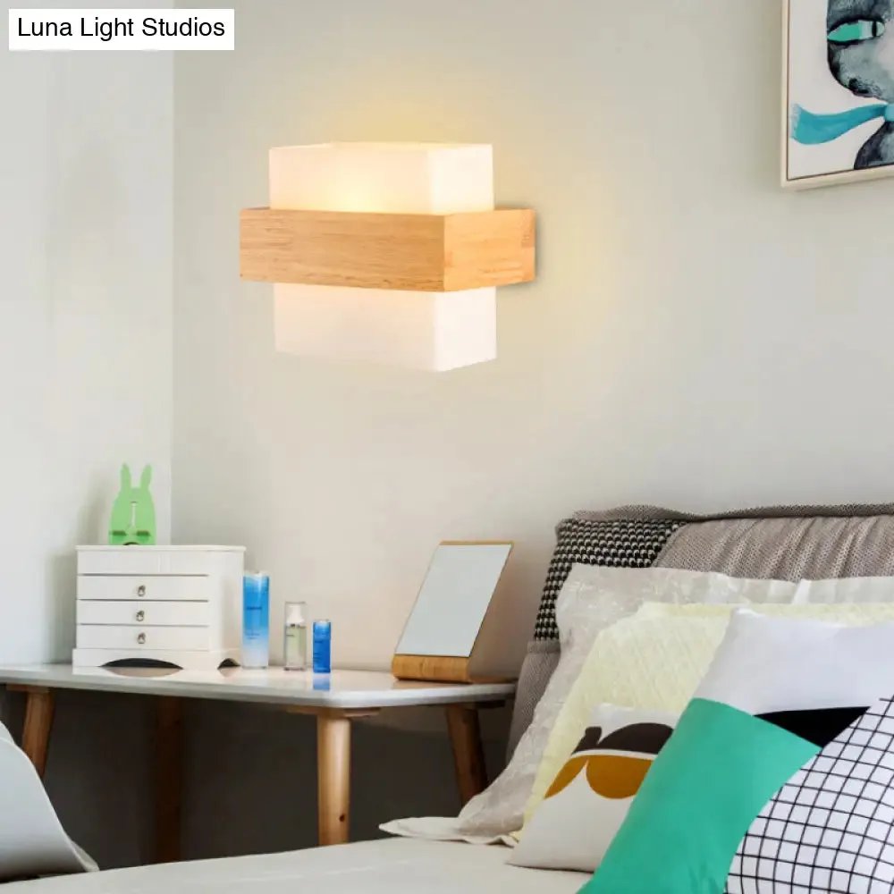 Modern White Glass Rectangle Sconce with Wooden Accents - Single-Bulb Wall Light Fixture