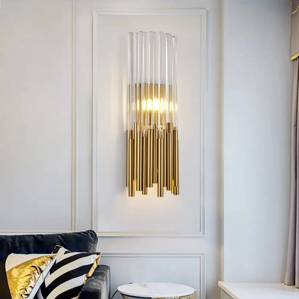 Modernist Metal LED Wall Sconce Light with Crystal Prism: Cylinder Wall Fixture in Brass/Gold