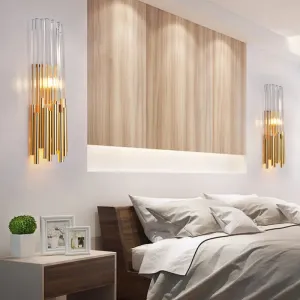Modernist Metal LED Wall Sconce Light with Crystal Prism: Cylinder Wall Fixture in Brass/Gold
