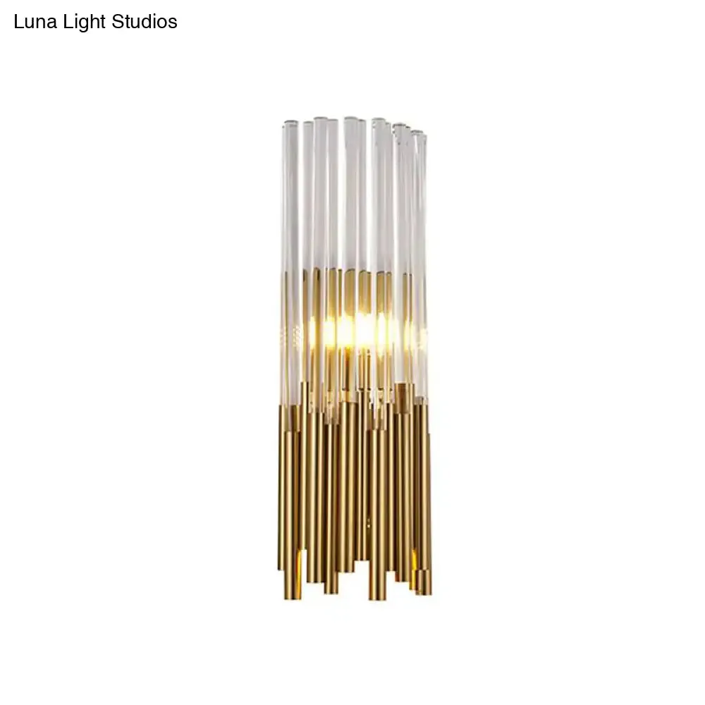 Modernist Metal LED Wall Sconce Light with Crystal Prism: Cylinder Wall Fixture in Brass/Gold