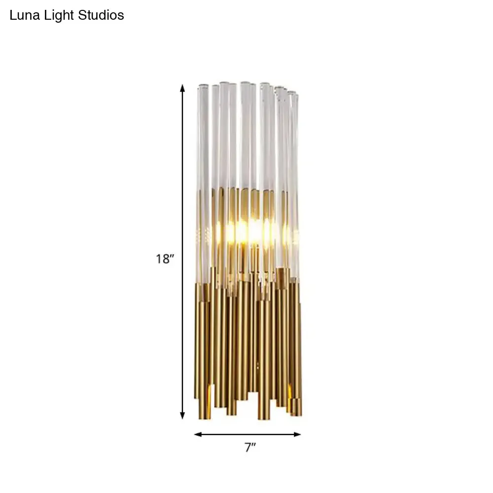 Modernist Metal LED Wall Sconce Light with Crystal Prism: Cylinder Wall Fixture in Brass/Gold