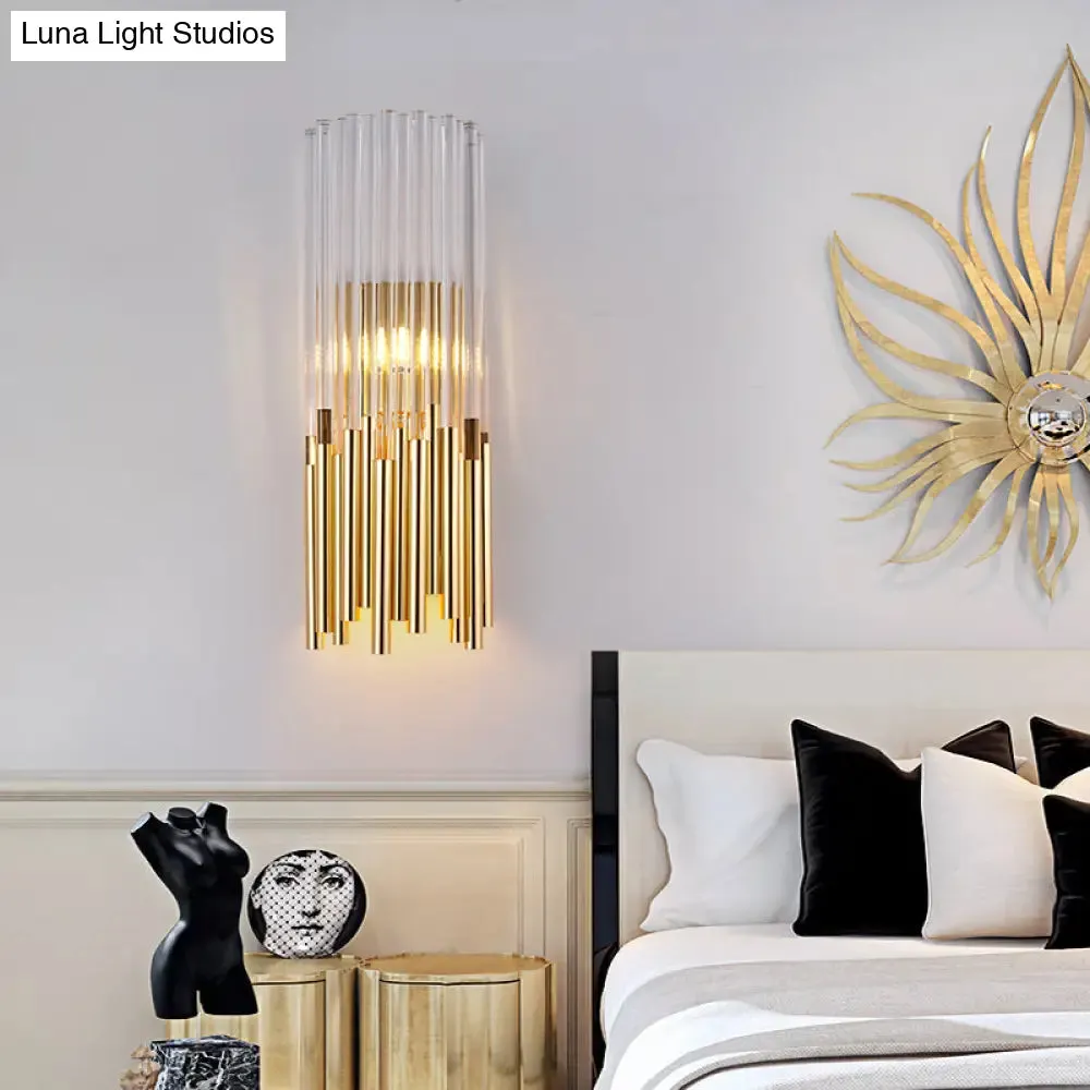 Modernist Metal LED Wall Sconce Light with Crystal Prism: Cylinder Wall Fixture in Brass/Gold