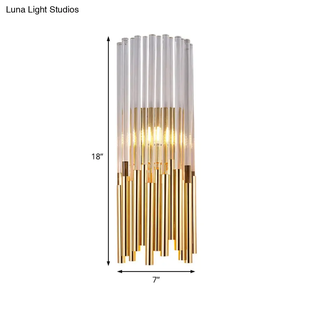 Modernist Metal LED Wall Sconce Light with Crystal Prism: Cylinder Wall Fixture in Brass/Gold