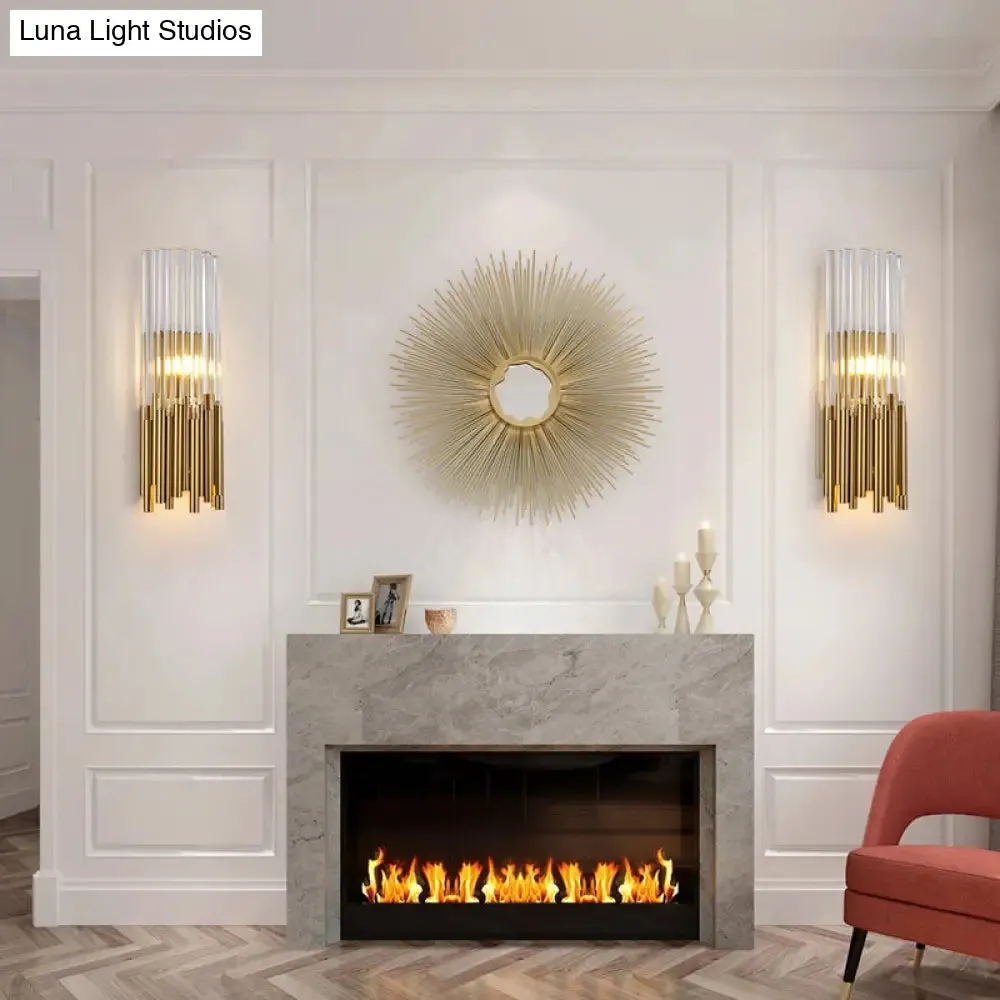 Modernist Metal LED Wall Sconce Light with Crystal Prism: Cylinder Wall Fixture in Brass/Gold