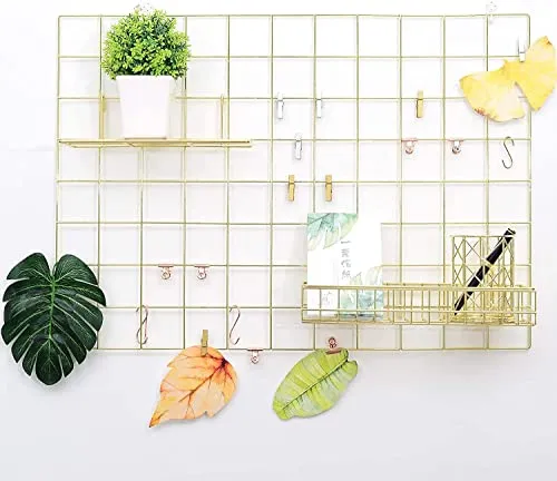 MOREYAJI DIY Steel Grid Photo Frame for Wall Clip Holder Photo Frame, Multi-Functional Creative Mesh Wall Grid, Multi-Functional Wall Storage Display Grid ((Only 1 pcs Frame 45X65cm) (Gold), Metal