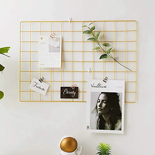 MOREYAJI DIY Steel Grid Photo Frame for Wall Clip Holder Photo Frame, Multi-Functional Creative Mesh Wall Grid, Multi-Functional Wall Storage Display Grid ((Only 1 pcs Frame 45X65cm) (Gold), Metal