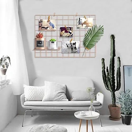 MOREYAJI DIY Steel Grid Photo Frame for Wall Clip Holder Photo Frame, Multi-Functional Creative Mesh Wall Grid, Multi-Functional Wall Storage Display Grid ((Only 1 pcs Frame 45X65cm) (Gold), Metal