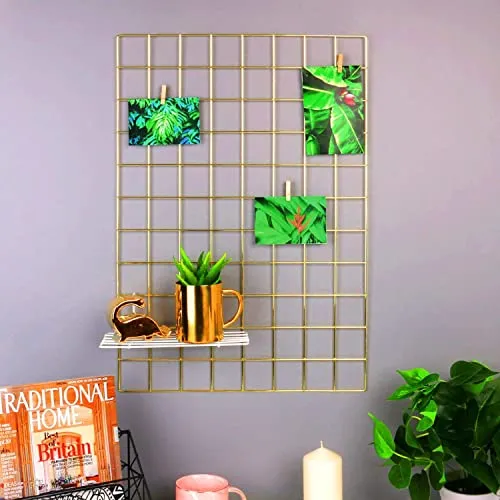 MOREYAJI DIY Steel Grid Photo Frame for Wall Clip Holder Photo Frame, Multi-Functional Creative Mesh Wall Grid, Multi-Functional Wall Storage Display Grid ((Only 1 pcs Frame 45X65cm) (Gold), Metal