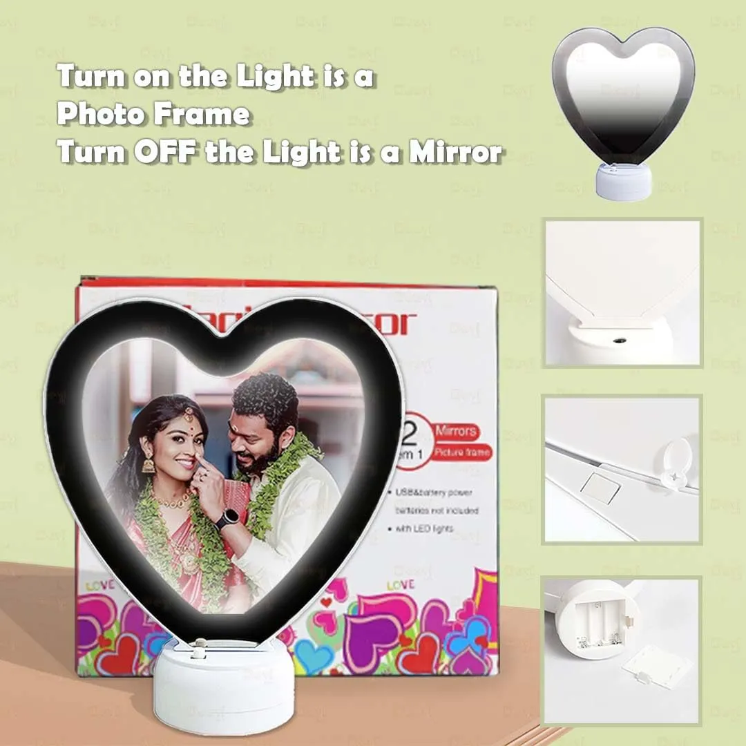 MUSHA Heart Shape Personalized Customized Magic Mirror Cum Photo Frame (19.5X 23.5 CM) Big