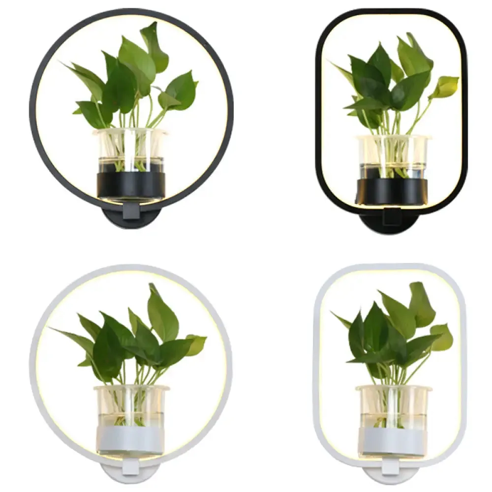 Nordic Acrylic Bedside LED Wall Lamp - Ring Shaped Sconce Lighting with Glass Plant Cup