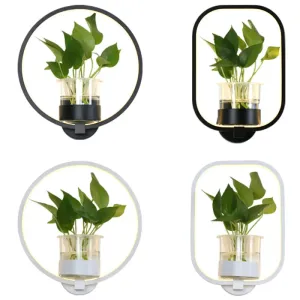 Nordic Acrylic Bedside LED Wall Lamp - Ring Shaped Sconce Lighting with Glass Plant Cup