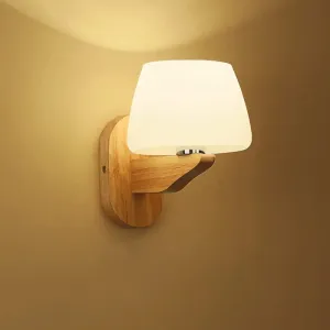 Nordic Style White Glass Bud Wall Sconce Lamp with Wooden Backplate - Modern Wall Lighting Fixture
